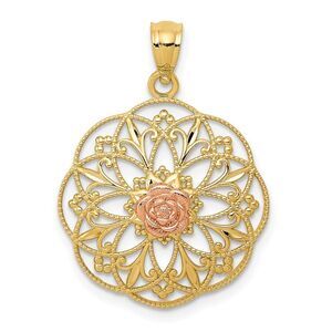 14k Two Tone Gold Round Filigree Rose Pendant, 19mm (3/4 inch)